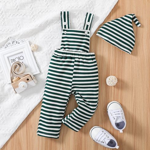 2pcs Baby Boy/Girl 95% Cotton Rib Knit Green Striped Overalls with Hat Set