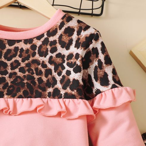 2pcs Toddler Girl Sweet Leopard Print Ruffled Pink Sweatshirt and Pants Set Pink big image 4