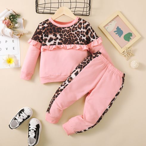 2pcs Toddler Girl Sweet Leopard Print Ruffled Pink Sweatshirt and Pants Set Pink big image 9