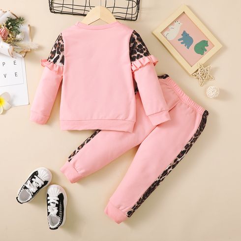 2pcs Toddler Girl Sweet Leopard Print Ruffled Pink Sweatshirt and Pants Set Pink big image 2