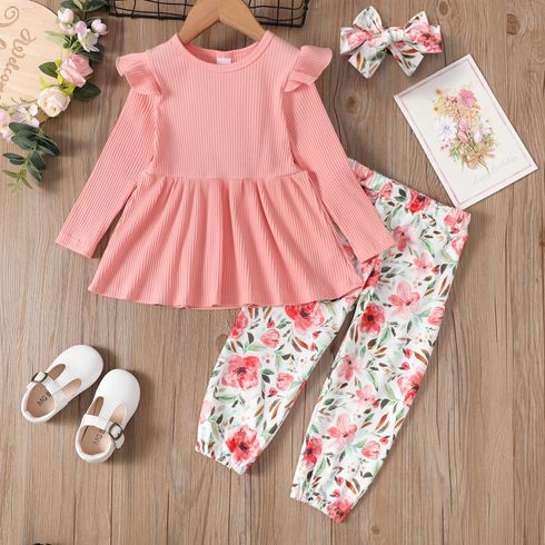 2pcs Toddler Girl Sweet Ribbed Peplum Tee and Floral Print Pants Set
