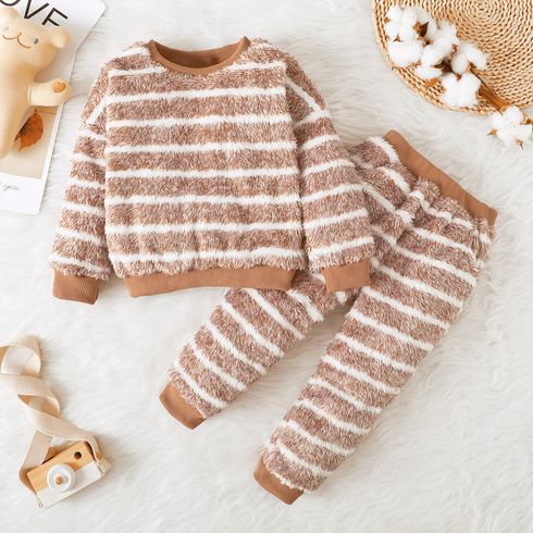 2pcs Toddlr Boy Casual Stripe Fluffy Fleece Sweatshirt and Pants Set
