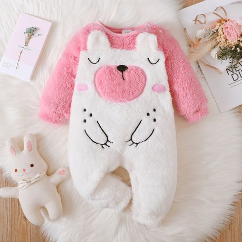 Baby Girl Animal Embroidered 3D Ears Detail Long-sleeve Thermal Fuzzy Jumpsuit