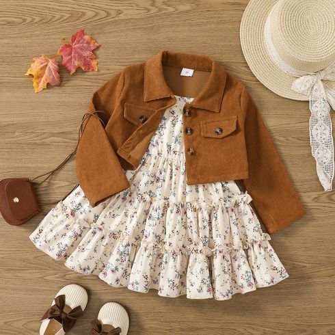 2pcs Toddler Girl Sweet Floral Print Cami Dress and Corduroy Jacket Set