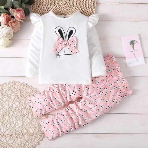 2pcs Toddler Girl Cute Rabbit Print Bowknot Design Tee and Pants Set