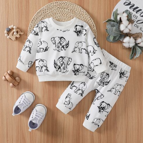 2pcs Baby Boy Allover Elephant Print Long-sleeve Sweatshirt and Sweatpants Set