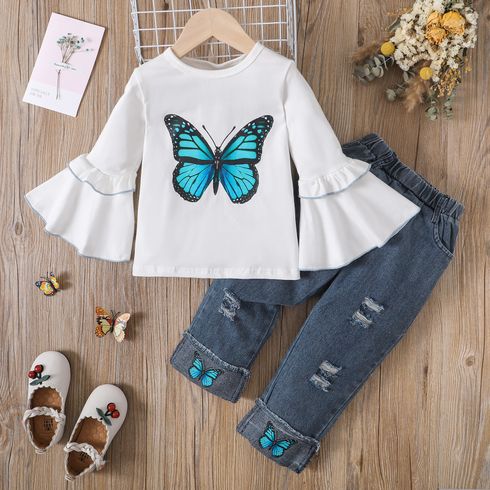 2pcs Toddler Girl Sweet Butterfly Print Cotton Ripped Denim Jeans and Bell sleeves Tee Set