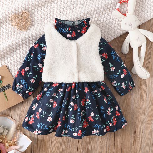 2pcs Baby Girl Allover Floral Print Frill Neck Long-sleeve Dress with Fuzzy Vest Set