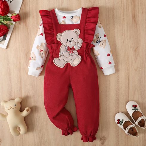 2pcs Toddler Girl Valentine's Day Bear Print Sweatshirt and Ruffled Overalls Set