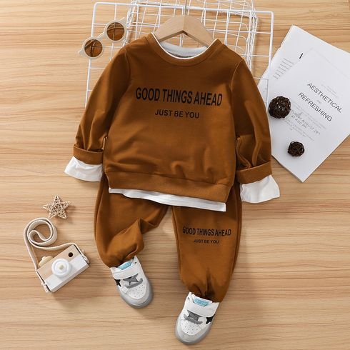 2pcs Toddler Boy Trendy Faux-two Letter Print Sweatshirt and Pants Set