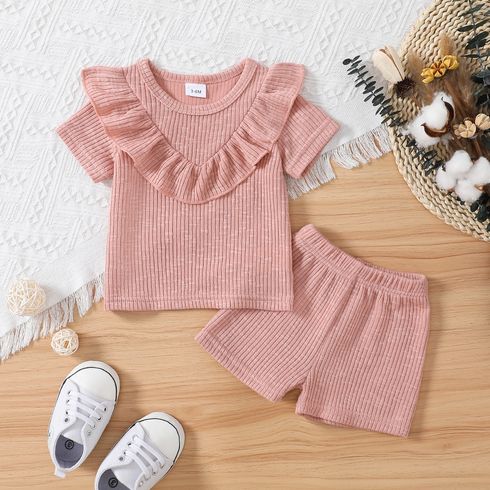 2pcs Baby Girl Solid Ribbed Ruffle Trim Short-sleeve Top & Shorts Set Pink big image 1