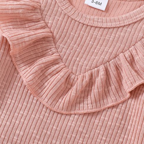 2pcs Baby Girl Solid Ribbed Ruffle Trim Short-sleeve Top & Shorts Set Pink big image 6