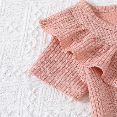 2pcs Baby Girl Solid Ribbed Ruffle Trim Short-sleeve Top & Shorts Set Pink big image 4