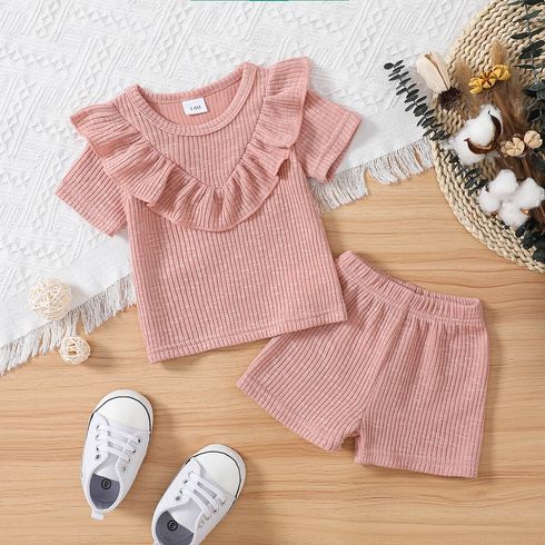 2pcs Baby Girl Solid Ribbed Ruffle Trim Short-sleeve Top & Shorts Set Pink big image 2