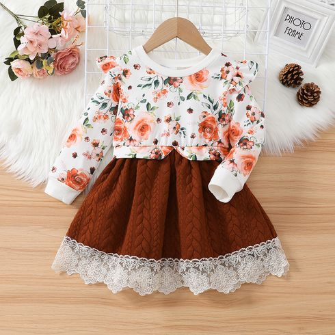 Toddler Girl Sweet Faux-two Floral Print Lace Splice Long-sleeve Dress