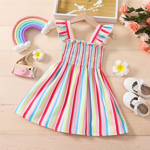 Toddler Girl Classic Colorful Stripe Flutter-sleeve Smocked Dress