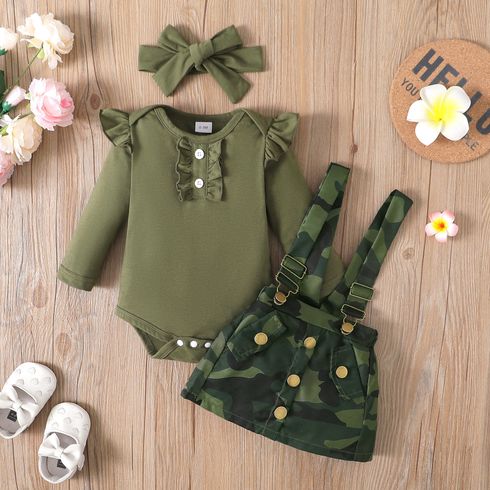 3pcs Baby Girl Solid Ruffle Trim Long-sleeve Romper and Camouflage Suspender Skirt & Headband Set