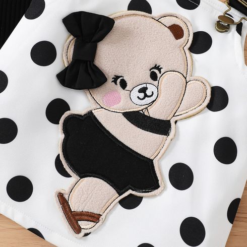 2pcs Baby Girl 95% Cotton Ruffle Trim Short-sleeve Romper and Bear Graphic Polka Dots Overall Dress Set Black big image 8