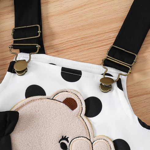 2pcs Baby Girl 95% Cotton Ruffle Trim Short-sleeve Romper and Bear Graphic Polka Dots Overall Dress Set Black big image 7