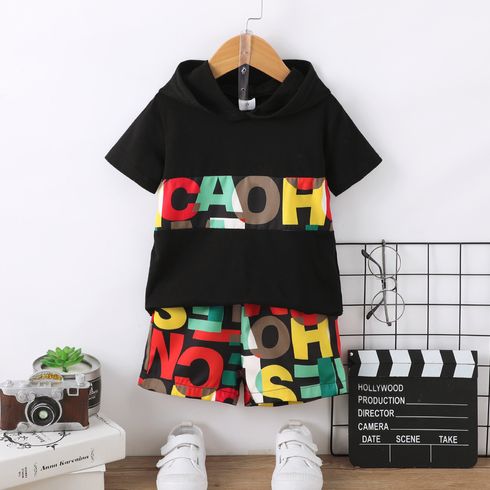 2pcs Toddler Boy Trendy Letter Print Hooded Tee and Shorts Set