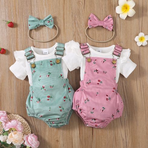 3pcs Baby Girl 95% Cotton Ribbed Ruffle Short-sleeve Top and Floral Print Romper & Headband Set