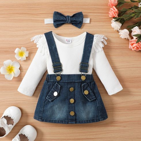 3pcs Baby Girl 100% Cotton Denim Suspender Skirt and Solid Ribbed Long-sleeve Romper & Headband Set