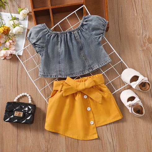 3pcs Toddler Girl Trendy Denim Tee and Irregular Hem Skirt & Belt Set