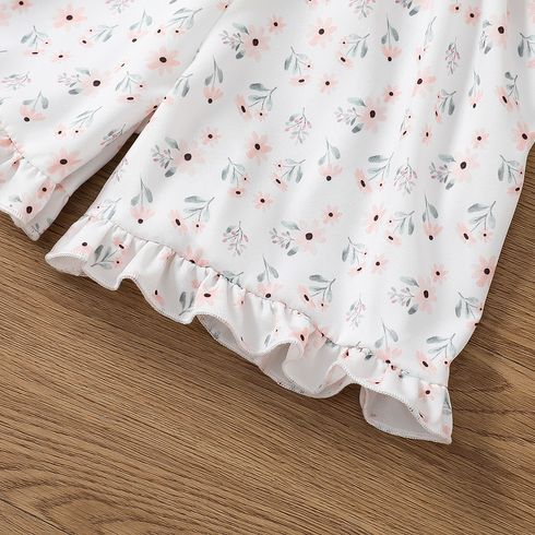 Toddler Girl Sweet Floral Print Belted Smocked Romper White big image 6