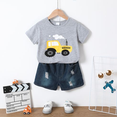 2pcs Toddler Boy Playful Vehicle Print Short-sleeve Tee and Ripped Denim Shorts Set