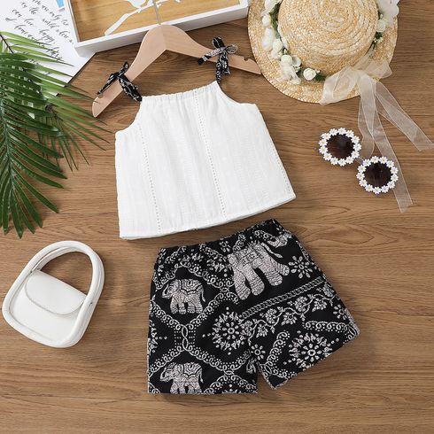 2pcs Toddler Girl Boho 100% Cotton Camisole and Allover Print Shorts Set White big image 1