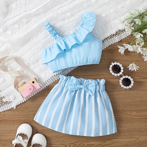 2pcs Toddler Girl 100% Cotton Trendy One-Shoulder Ruffled Top and Bow Front Stripe Skirt Set