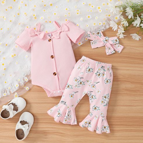 3pcs Baby Girl 95% Cotton Front Buttons Bow Decor Ribbed Short-sleeve Romper and Allover Floral Print Flared Pants & Headband Set Pink big image 1
