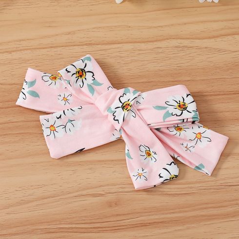 3pcs Baby Girl 95% Cotton Front Buttons Bow Decor Ribbed Short-sleeve Romper and Allover Floral Print Flared Pants & Headband Set Pink big image 9