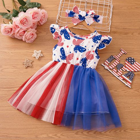 Independence Day 2pcs Toddler Girl Colorblock Butterfly Print Flutter-sleeve Mesh Overlay Dress with Headband