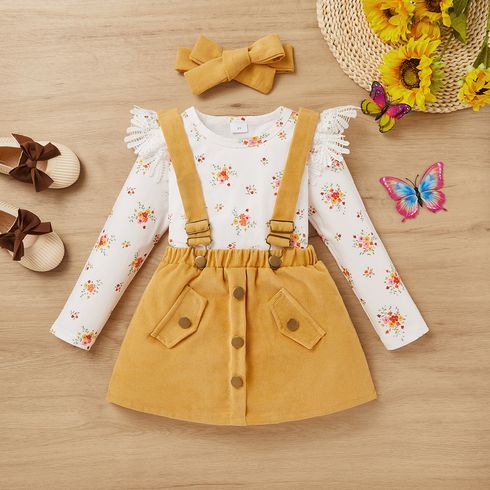 3pcs Toddler Girl Allover Floral Print Lace Trim Long-sleeve Top & Corduroy Suspender Skirt & Headband Set