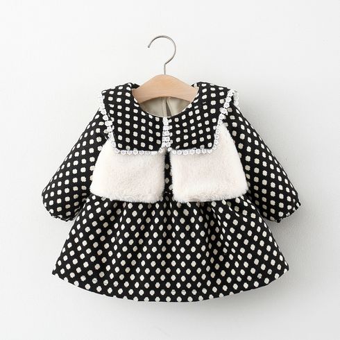 2-piece Baby Girl Polka dots Lace Trim Long-sleeve Dress and Fuzzy White Vest Set