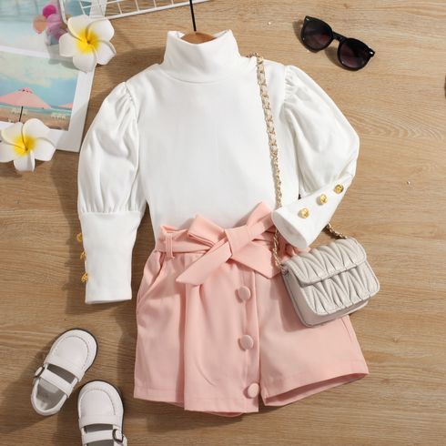 2pcs Toddler Girl Trendy Turtleneck Puff-sleeve Tee and Irregular Button Design Belted Shorts Set