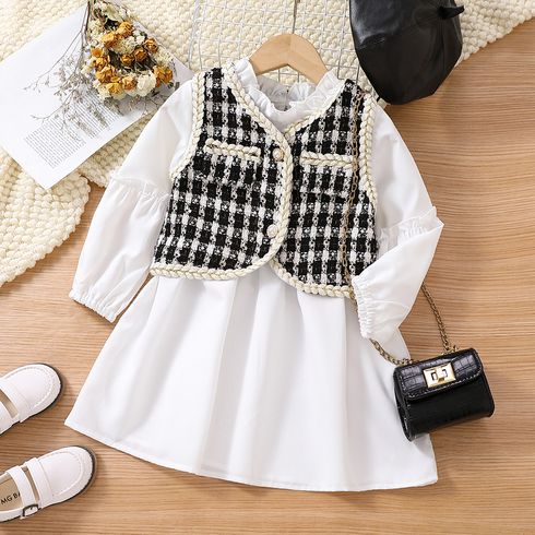 2pcs Toddler Girl Elegant Ruffle Collar White Dress and Tweed Plaid Vest Set