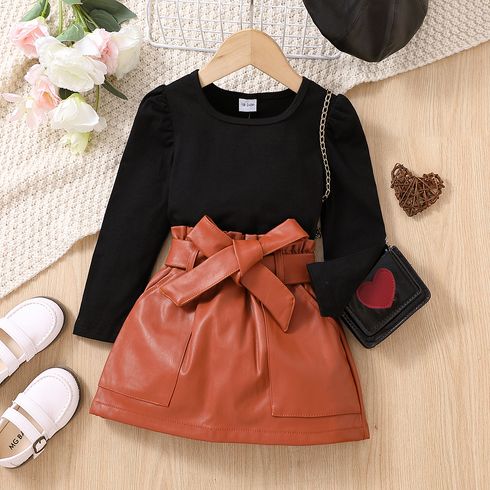 2pcs Toddler Girl Long Puff-sleeve Black Tee and Pocket Design Belted PU Skirt Set
