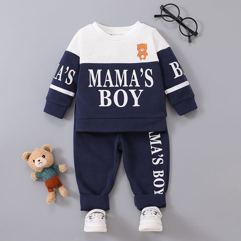 2pcs Baby Boy Cartoon Bear & Letter Print Colorblock Long-sleeve Sweatshirt and Sweatpants Set