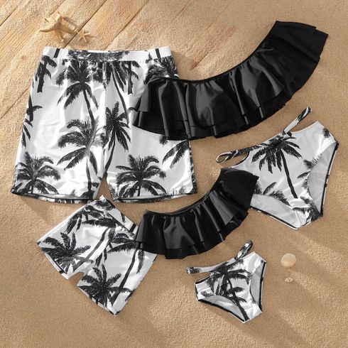 Coconut Tree Print Off Shoulder Flounced Matching Swimsuits