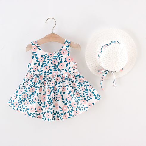 2pcs Floral Print Bowknot Sleeveless Baby Dress & Hat Set Pink big image 2