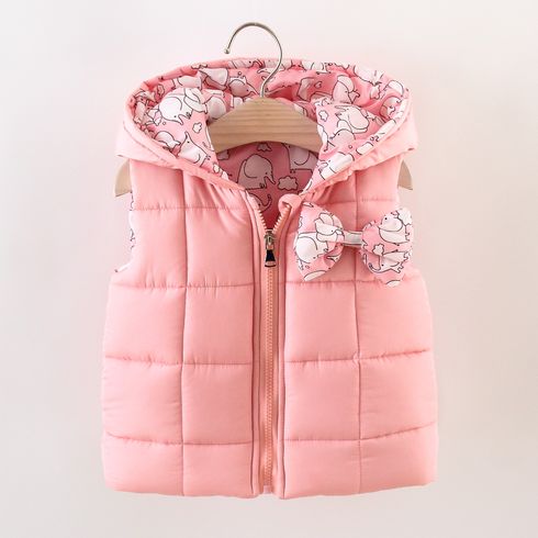 Floral Print Allover Bow Decor Hooded Sleeveless Pink Baby Coat Jacket
