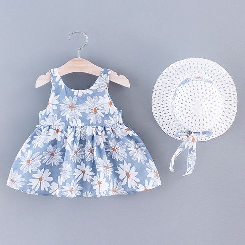 2pcs Baby Girl All Over Daisy Floral Print Bowknot Sleeveless Tank Dress with Hat Set Blue big image 2