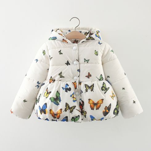 Kid Girl Butterfly Print Button Design Hooded Padded Coat