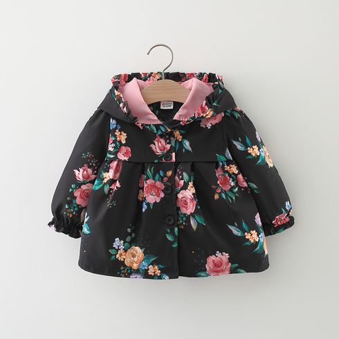 Baby Girl Allover Floral Print Black Hooded Long-sleeve Single Breasted Coat