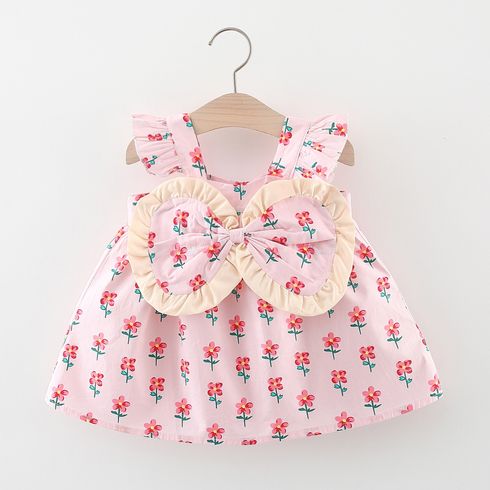 Baby Girl 100% Cotton Allover Floral Print Big Bow Front Flutter-sleeve Dress 