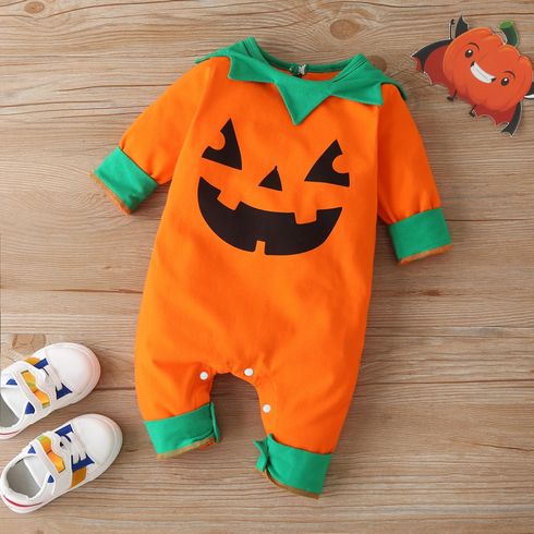 Halloween Pumpkin Face Long-sleeve Orange Baby Jumpsuit