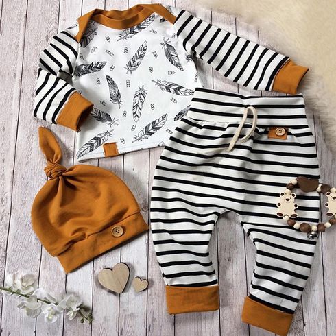 100% Cotton 3pcs Stripe and Feather Print Long-sleeve Baby Set
