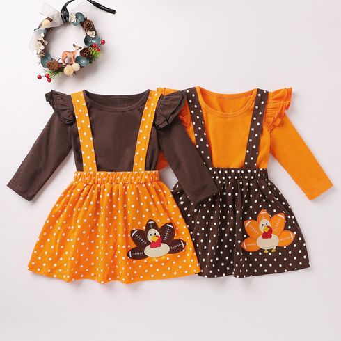 2-piece Toddler Girl Thanksgiving Ruffled Long-sleeve Solid Top and Polka dots Turkey Embroidery Suspender Skirt Set